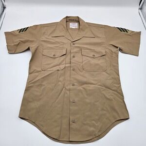 USMC Uniform Shirt Short Sleeve Khaki Crest Patch Name Tag Mens M